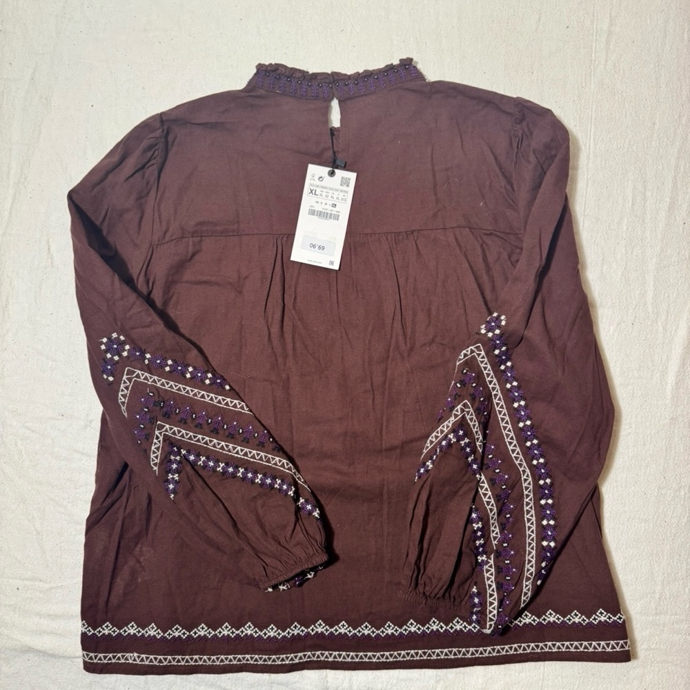 Zara Embroidered & Beaded Long-Sleeve Tunic - Brown with White & Purple Accents - Picture 12 of 13